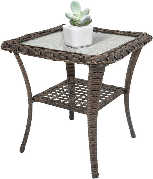 Belord Handwoven Wicker Side Table - 20 Inch Small Outdoor Table 2 Tier Storage with Tempered Glass Top, All Weather Outdoor Patio End Tables for Deck Balcony Outside Brown