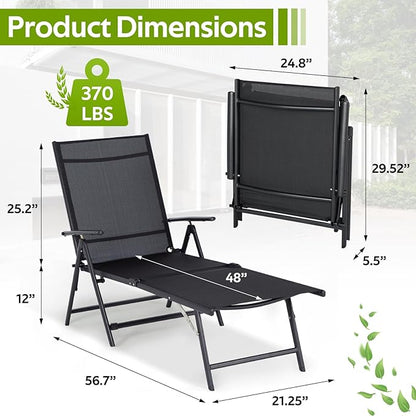 Esright Outdoor Chaise Lounge Set of 2, Adjustable Reclining Folding Pool Lounger for Poolside, Outside/330lb Weight Capacity, Black