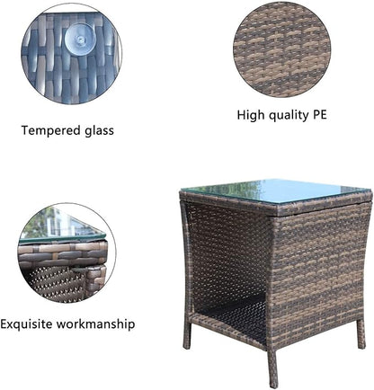 Rattan Side Table with Glass Top, Outdoor Wicker End Table for Patio, Porch, Garden, 19.25" Square, 21" Tall, 120 Lbs Capacity, Weather-Resistant PE Rattan, Easy Assembly