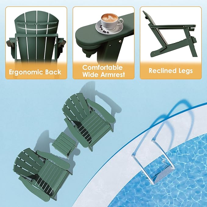 IVY&LANE Folding-Adirondack-Chairs-Set-of-4 | HDPE Plastic | Outdoor Fire Pit Chair with Cup Holder | Forest Green | Poly | Weather Resistant | for Patio Deck Poolside Garden Beach