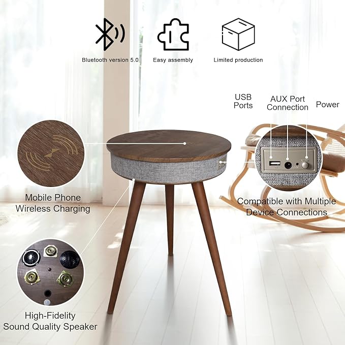 Louis Donné Smart End Table with Bluetooth Speakers, Round Side Table with Wireless Charger, Smart Coffee Table for Outdoor Pool Parties Patio Camping, 360 Degree Premium Sound (Walnut Color)