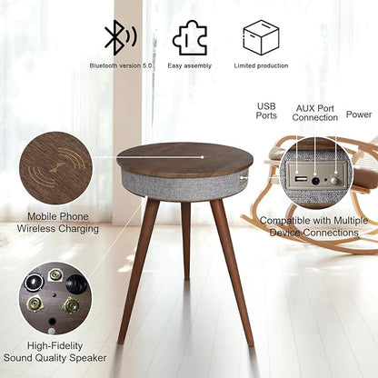 Louis Donné Smart End Table with Bluetooth Speakers, Round Side Table with Wireless Charger, Smart Coffee Table for Outdoor Pool Parties Patio Camping, 360 Degree Premium Sound (Walnut Color)