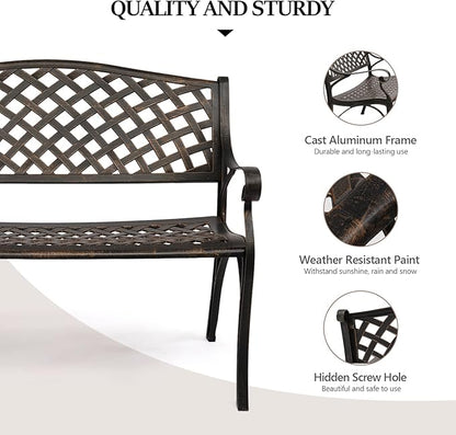 VINGLI 40.5" Patio Garden Bench,Anti- Rust Cast Iron Cast Aluminum Frame for Outdoor Path Yard Lawn Work Entryway Decor Deck (Brown)