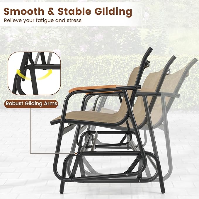 LDAILY Outdoor Glider, 2/3-Person Gliding Bench with Heavy-Duty Metal Frame & Teak Wood Armrests - Photo 8