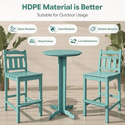 3-Piece Outdoor Bar Set, HDPE Adirondack Bar Height Chairs Set of 2 and Round Bar Table, All Weather Patio Bar Set Outdoor Bar Stools Set for Balcony, Poolside, Backyard (Aruba Blue)
