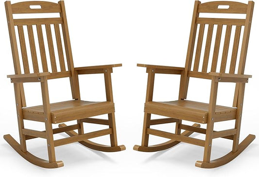YEFU Porch Rocking Chairs Set of 2: Porch Rocking Chair, 80% Pre-Assembled Rocker, Rock smoothly for Middle-Aged and Elderly People, Imitation Teak