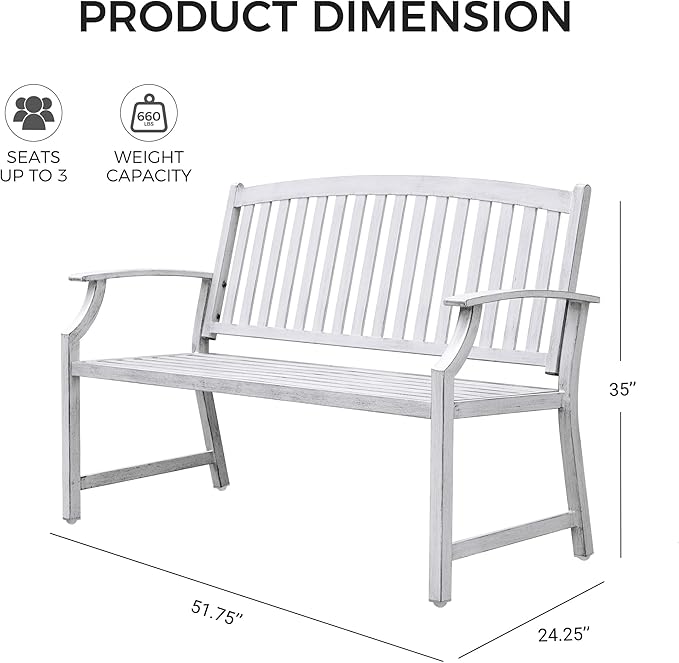 Grand patio 52" Farmhouse Outdoor Bench, Garden Benches with Rust Free Metal Powder Coated Frame and Aluminum Backrest, Faux Wood Grain Finish Frame Patio Bench for Front Porch,Gray-White