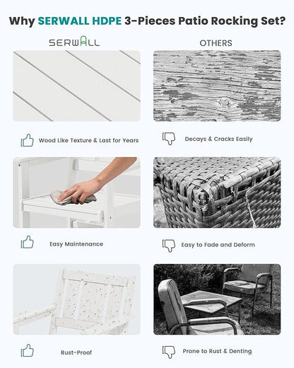 SERWALL Outdoor Rocking Chairs Set of 2 with Side Table, All-Weather HDPE 3 Piece Patio Furniture Set, Patio Bistro Set with Umbrella Hole for Porch Deck Lawn Balcony, White