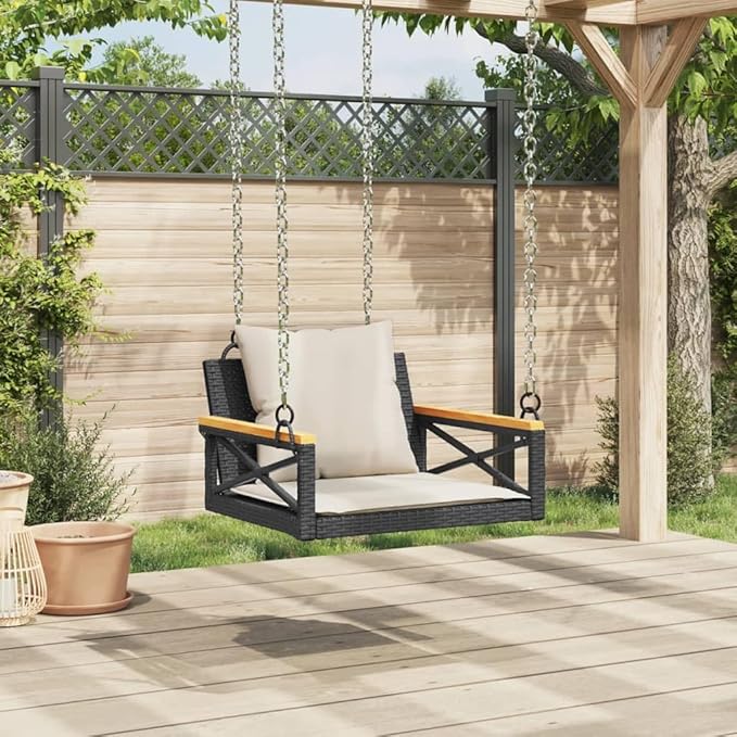 Swing Bench Black and Cream White with Cushions, 4-Piece Outdoor Patio Furniture Set for Garden, Backyard, Balcony - Photo 4