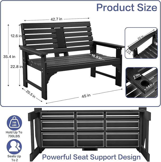 Outdoor Bench Weatherproof - HDPE 2-Person Garden Bench with Cup Holders, Bench Furniture with Backrest and Armrests - Photo 2