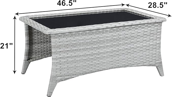 Rilyson Patio Tables Wicker Coffee Table - Outdoor Rattan Coffee Tables with Glass Top for Patio Proch Deck Balcony Rectangle Light Grey
