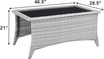 Rilyson Patio Tables Wicker Coffee Table - Outdoor Rattan Coffee Tables with Glass Top for Patio Proch Deck Balcony Rectangle Light Grey