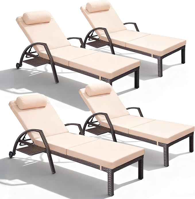 Patio Chaise Lounge Chairs Set of 4 Wicker Pool Lounge Chairs Outdoor with 5 Adjustable Back & Removable Cushion & Tray Tanning Chair Sun Loungers for Patio Poolside Deck Beach