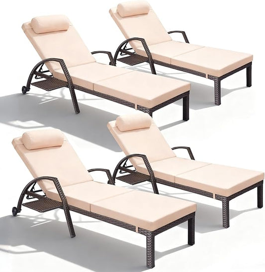 Patio Chaise Lounge Chairs Set of 4 Wicker Pool Lounge Chairs Outdoor with 5 Adjustable Back & Removable Cushion & Tray Tanning Chair Sun Loungers for Patio Poolside Deck Beach