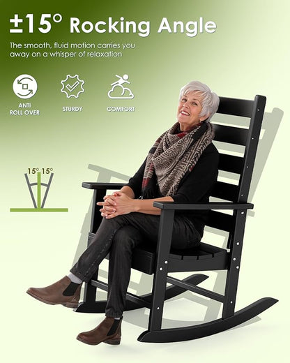 GREENVINES Outdoor-Rocking-Chair | HDPE Plastic | Patio Rockers | Porch Rocker Chairs | Shaker | Oversized | High Ladder Back | Big & Tall | PentaLuxe | Black