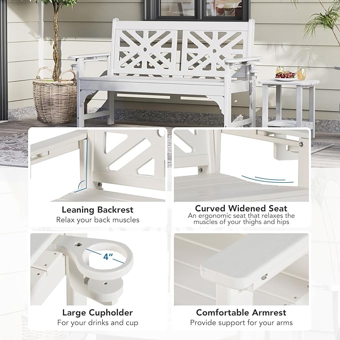 Oversized Outdoor Bench with Cup Holders, 51.5” HDPE Aesthetic Garden Bench for 2 Person, Memorial Benches - Easy Assembly & All Weather, for Porch & Patio, 800lbs Load Capacity (White, 1pc)