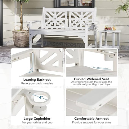 Oversized Outdoor Bench with Cup Holders, 51.5” HDPE Aesthetic Garden Bench for 2 Person, Memorial Benches - Easy Assembly & All Weather, for Porch & Patio, 800lbs Load Capacity (White, 1pc)