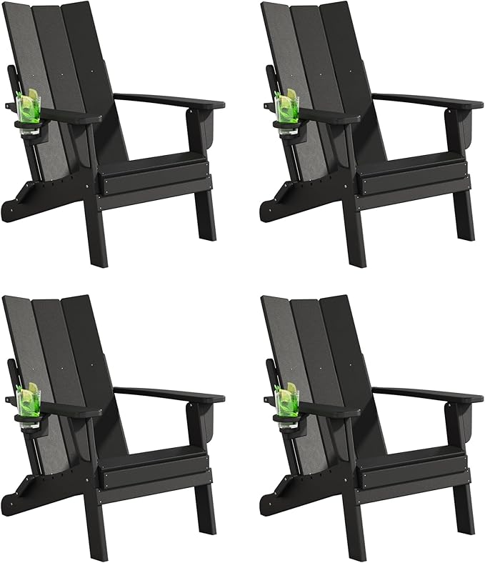 Folding Adirondack Chairs Set of 4, All-Weather Resistant HDPE Patio Firepit Chairs, Sturdy Outside Chairs with Cup Holder, Pre-Installed Lawn Chairs Load Capacity 385lb for Backyard, Black