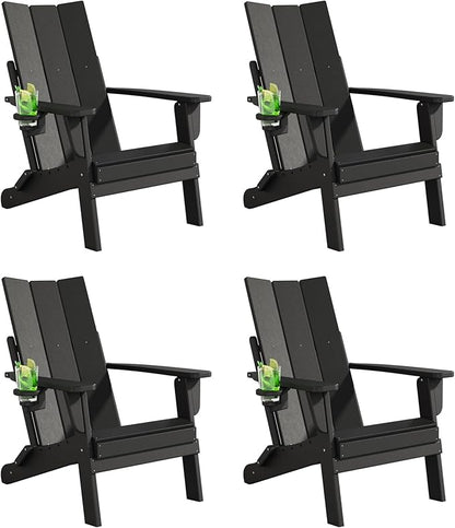 Folding Adirondack Chairs Set of 4, All-Weather Resistant HDPE Patio Firepit Chairs, Sturdy Outside Chairs with Cup Holder, Pre-Installed Lawn Chairs Load Capacity 385lb for Backyard, Black