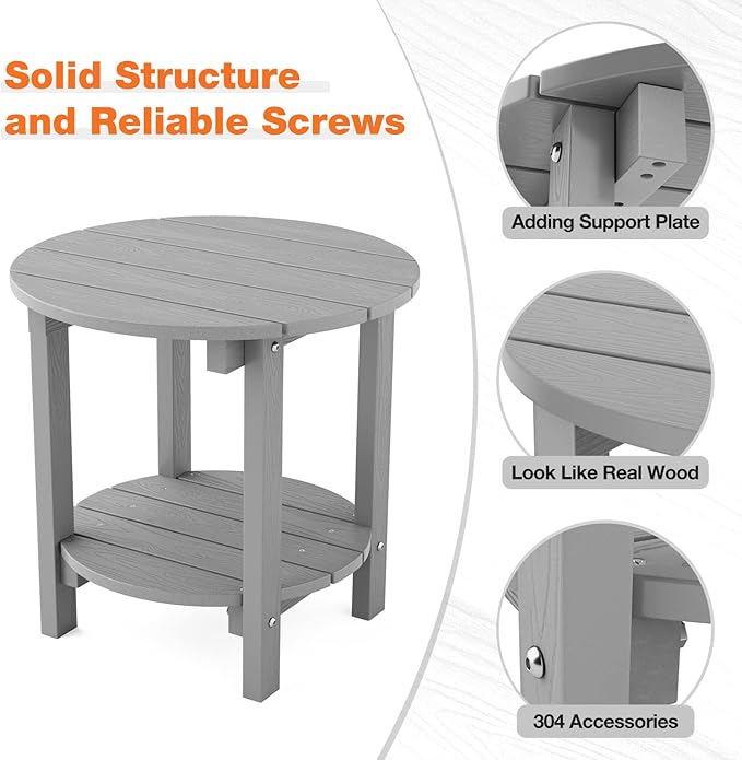 YEFU Adirondack Side Table, 18" Double Outdoor Side Table Set of 2, Poly Lumber end Table, Weather Resistant for Indoor, Patio, Pool, Porch, Backyard-Grey