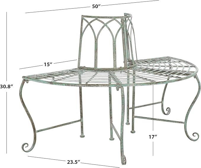 SAFAVIEH Outdoor Furniture Collection – Abia Antique Dark Green Distressed Wrought Iron 50-Inch Curved Tree Bench - Photo 3
