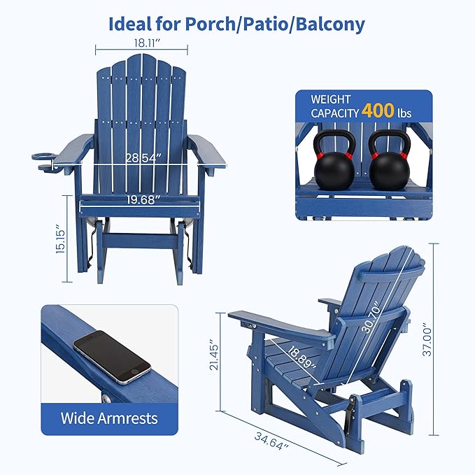 HDPE Outdoor Glider Chair,3-Position Adjustable Backrest Patio Glider, All-Weather Glider Rocker Chair with Cup Holders,Porch Glider for Outside,Deck,Fire Pit, Poolside,400LBS Capacity (Blue)