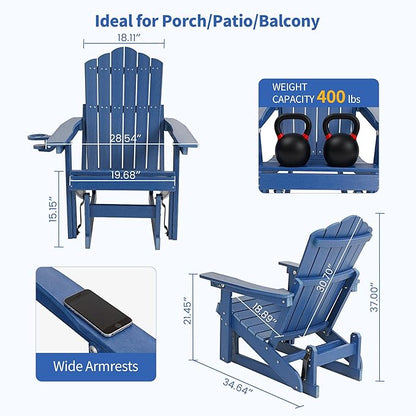 HDPE Outdoor Glider Chair,3-Position Adjustable Backrest Patio Glider, All-Weather Glider Rocker Chair with Cup Holders,Porch Glider for Outside,Deck,Fire Pit, Poolside,400LBS Capacity (Blue)