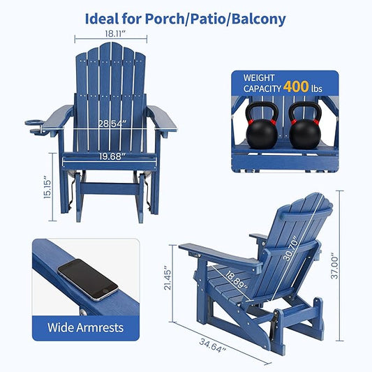 HDPE Outdoor Glider Chair,3-Position Adjustable Backrest Patio Glider, All-Weather Glider Rocker Chair with Cup Holders,Porch Glider for Outside,Deck,Fire Pit, Poolside,400LBS Capacity (Blue)