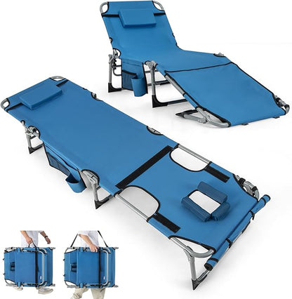 GYMAX Tanning Chair, 330LBS Beach Lounge Chair with Face Arm Hole & Hand Shoulder Strap, Folding Layout Sunbathing Chair, Face Down Outdoor Chaise Lounger for Patio, Poolside, Lawn, Backyard (1, Blue)