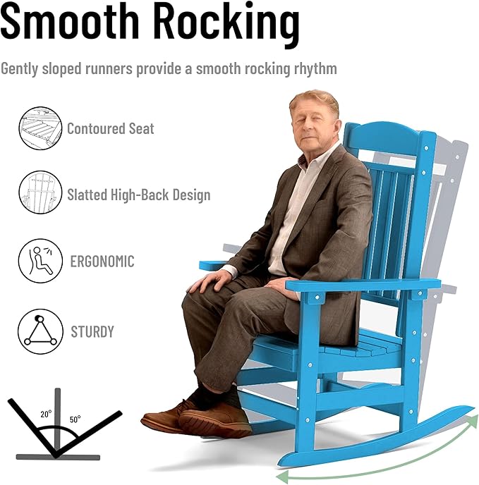 Outdoor Rocking Chairs Set of 8, Oversized High Back Patio Rocking Chairs, All Weather Porch Rocking Chairs for Outside. Pacific Blue