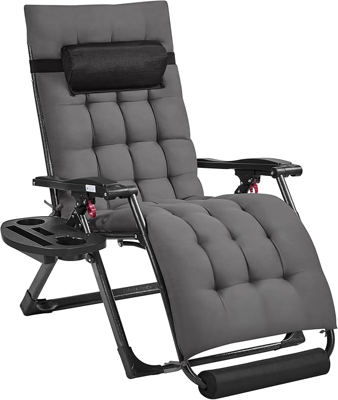Yaheetech 26" Zero Gravity Chair Folding Reclining Lounge Recliner with Removable Pad & Headrest & Side Cup Holder Tray for Indoor and Outdoor Dark Gray/1
