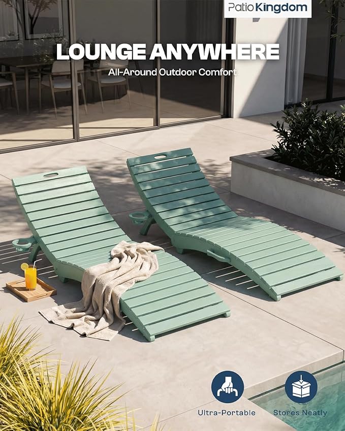 in-Pool Lounge Chairs Set of 2, Folding HDPE Pool Chairs Anti-Floating No Sandbags with Cup Holder & Handles, Outdoor Chaise Lounge for Poolside, Patio & Sun Deck(Mint)