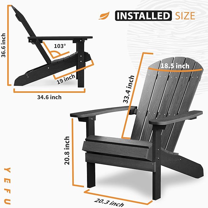 YEFU 3-Piece Adirondack Chair and Table Set: Outdoor Lounge Furniture Set - Outdoor Chair Plastic Weather Resistant with Wide Armrests for Patio Lawn Pool Porch Garden(Black