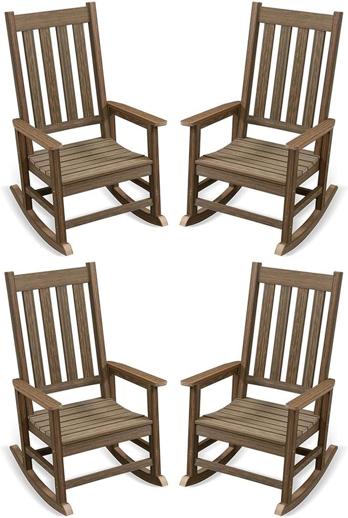 Outdoor Rocking Chair Set of 4, HDPE Oversized Patio Rocking Chairs, Weather Resistant, 350lbs Heavy Duty Porch Rocker with High Back for Backyard, Fire Pit, Garden and Indoor (Bright Brown)