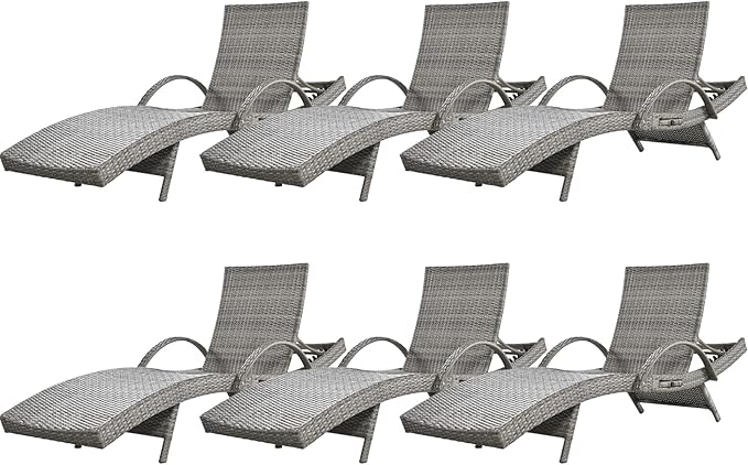 80'' Outdoor Wicker Chaise Lounge Chairs Set of 6, Patio Rattan Reclining Chair with Pull-Out Side Table - Photo 1