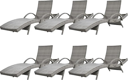 80'' Outdoor Wicker Chaise Lounge Chairs Set of 6, Patio Rattan Reclining Chair with Pull-Out Side Table, Adjustable Backrest for Beach, Poolside, Garden, Backyard, Grey
