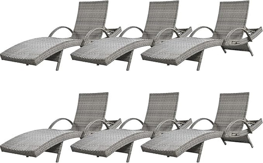 80'' Outdoor Wicker Chaise Lounge Chairs Set of 6, Patio Rattan Reclining Chair with Pull-Out Side Table, Adjustable Backrest for Beach, Poolside, Garden, Backyard, Grey