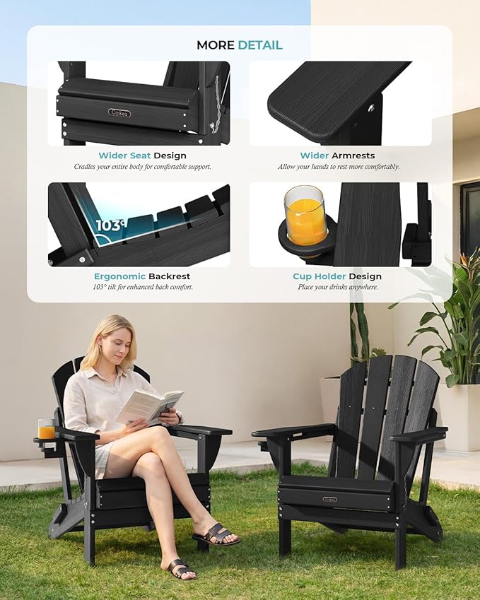 Ciokea Folding Adirondack Chair 4 Pack, Patio Adirondack Chair Weather Resistant, Plastic Fire Pit Chair with Cup Holder - Photo 7
