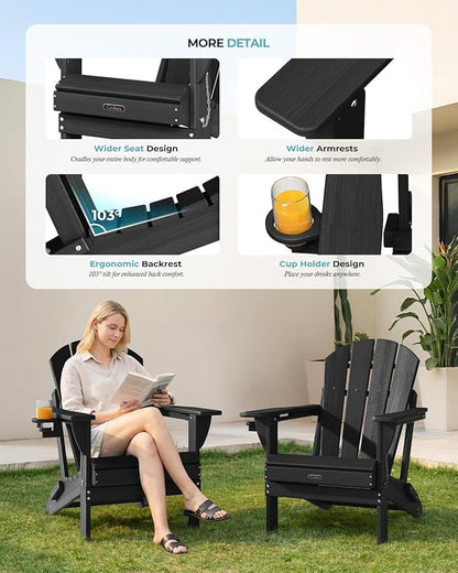 Ciokea Folding Adirondack Chair 4 Pack, Patio Adirondack Chair Weather Resistant, Plastic Fire Pit Chair with Cup Holder, Lawn Chair for Outdoor Porch Garden Backyard Deck (Black)