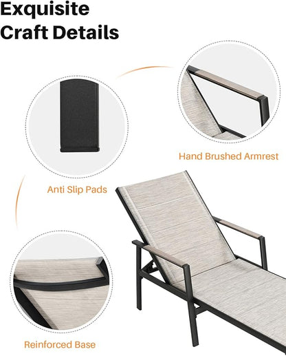 Outdoor Chaise Lounge, Never-Rust Aluminum Patio Lounge Chair, Double-Layer Textilene Pool Lounge Chair with 6-Position Adjustable Backrest, Sunbathing Lounger for Beach, Poolside, Deck, Yard