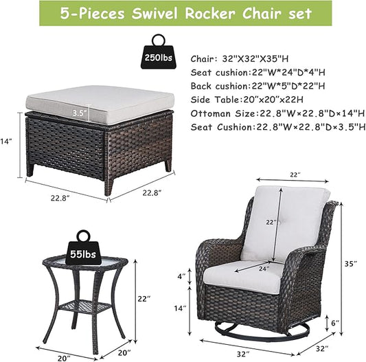 Rilyson Wicker Patio Furniture Set - 5 Piece Rattan Outdoor Sectional Conversation Sets with 2 Swivel Rocking Chairs,2 Ottomans and 1 Side Table for Porch Deck Garden(Brown/Beige)