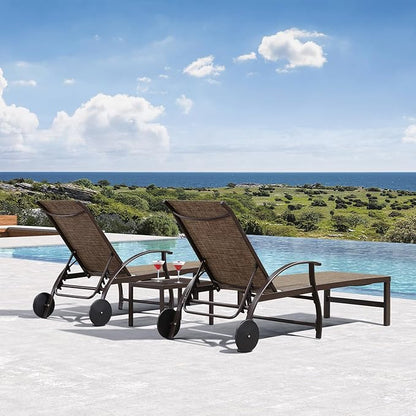 PURPLE LEAF Outdoor Chaise Lounge Chair Set of 3 Patio Pool Lounger Aluminum Chairs with Side Table and Wheels Adjustable Tanning Recliner for Outside Backyard Yard Deck Balcony Beach Brown