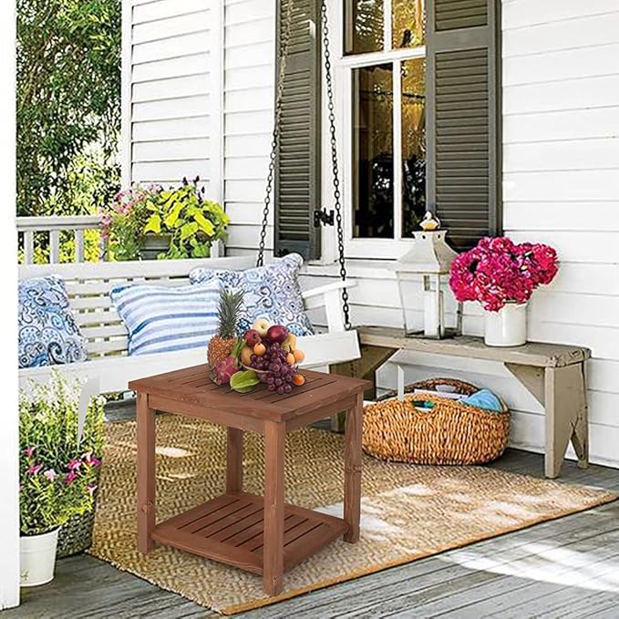Outvita Patio Small Side Table, Acacia Wood 18 inch Double-Deck Coffee Table with Storage Tier for Living Room, Garden, Balcony, Porch, Deck (Carbonized Color)