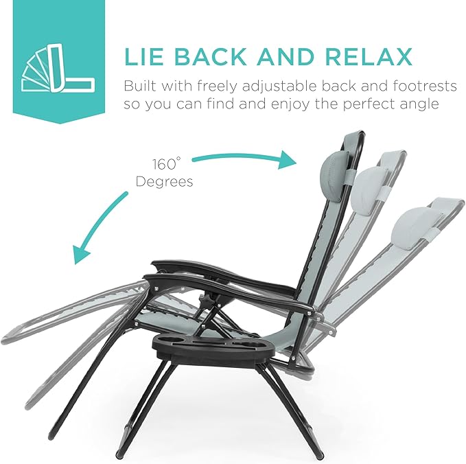 Best Choice Products Set of 2 Adjustable Steel Mesh Zero Gravity Lounge Chair Recliners w/Pillows and Cup Holder Trays - Photo 4