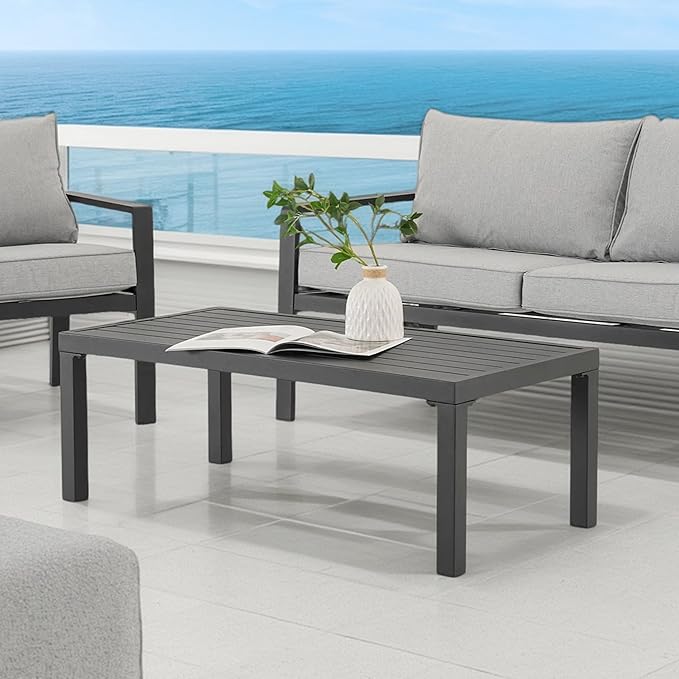 SUN TIME 39" W Patio Coffee Table for Poolside, Garden,Deck,Backyard,Living Room, Rectangular, Upgrade Resistant-Weather Outdoor Powder-Coated Aluminum Side Table (Black)