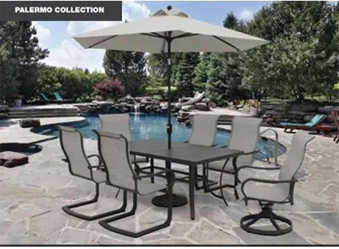 Four Seasons Courtyard Palermo Slat Top Table with Aluminum and Powder Coated Frame and Umbrella Hole for Outdoor Dining Tables, Gray
