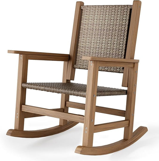 HDPE Rocking Chair Outdoor 1 PCS, Wicker Rocking Chair for Outside, Woven Seat & Back, All Weather Ratten Outdoor for Patio Front Porch, Garden, Lawn, and Balcony (Brown)