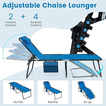 Tangkula Beach Lounge Chair for Outside, Folding Chaise Lounge Outdoor with 4-Position Backrest, Removable Headrest and Side Pocket, Portable Sunbathing Tanning Chair for Patio, Poolside (2, Navy)