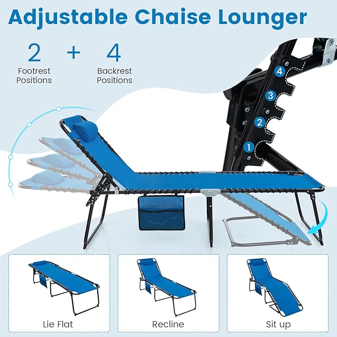 Tangkula Beach Lounge Chair for Outside, Folding Chaise Lounge Outdoor with 4-Position Backrest, Removable Headrest and Side Pocket, Portable Sunbathing Tanning Chair for Patio, Poolside (1, Navy)