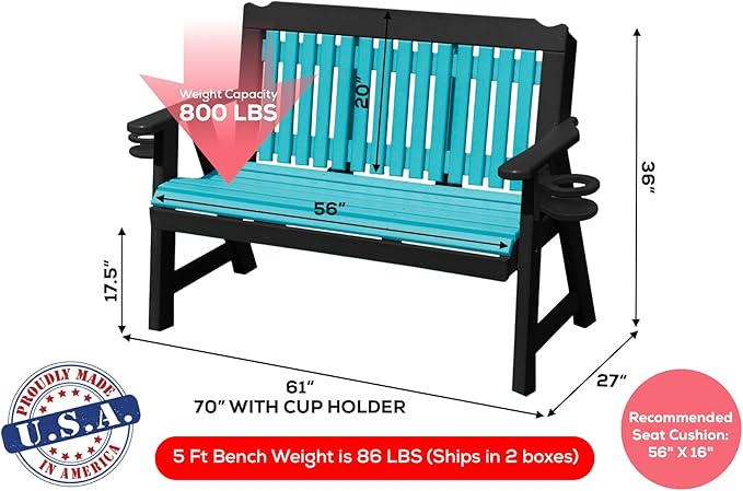 3-Person 5FT Plastic Poly Lumber Wood Cup Holders Bench Amish Craftsmanship Made in USA HDPE with No wood fibers Memorial Patio Outdoor Garden Porch Church Logan Series Signature design 800 lbs Limit